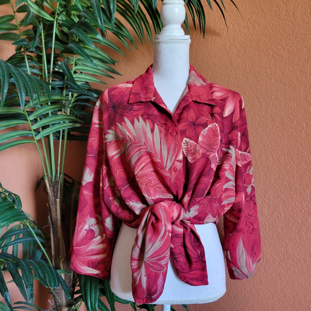 Vintage Tan Jay Tropical Print Floral Blouse Red Button Up 18